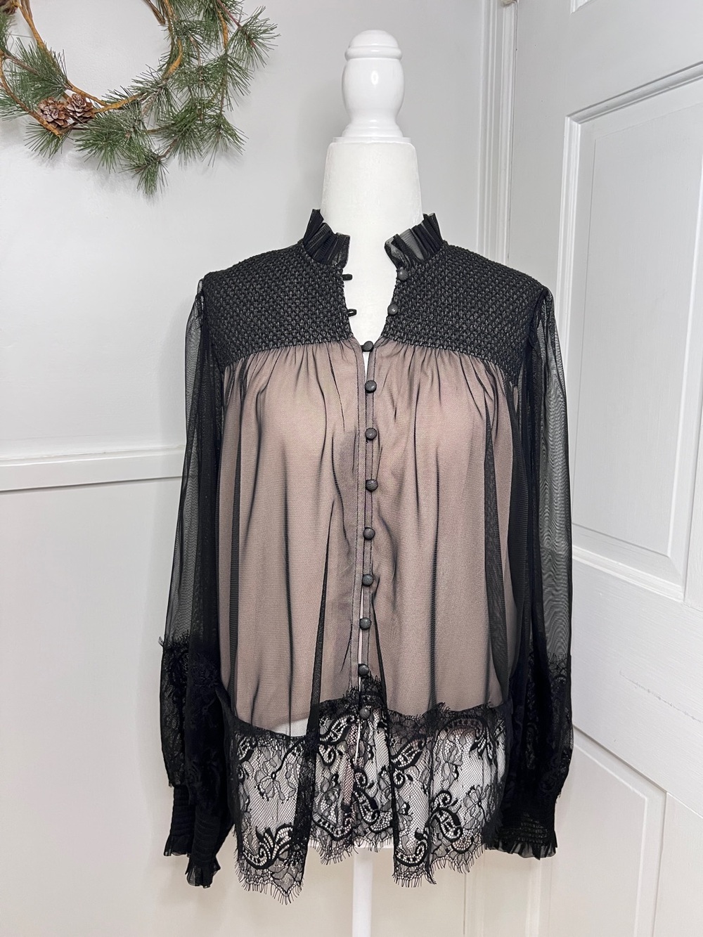 By Anthropologie Layered Tulle Puff-Sleeve Lace Blouse in Black